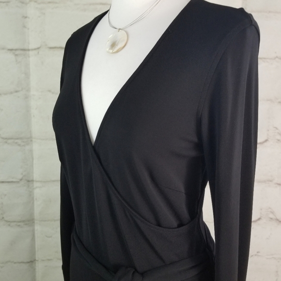 Esprit M Black Long Sleeve Drop Waist Crossover Bust Midi Dress Belted - Picture 4 of 9